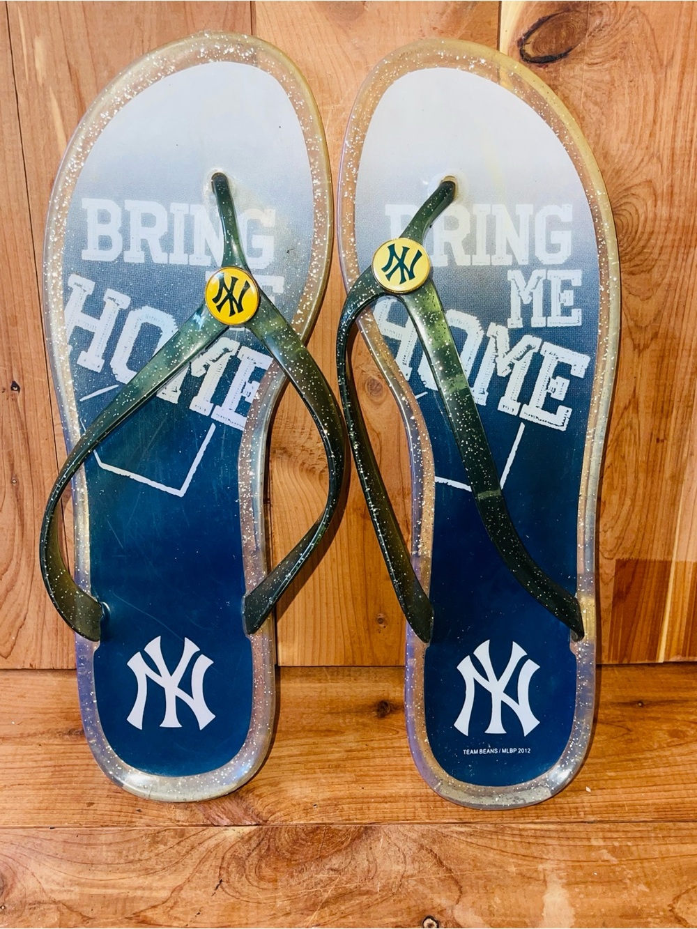 New York Yankees Navy Glitter Flip Flops Sandals Size 10